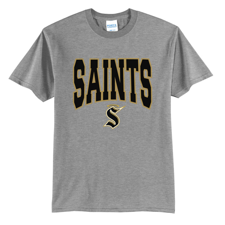 Berks Catholic Saints Varsity Block t-shirt in Athletic Heather: big outlined varsity SAINTS lettering over the halo S