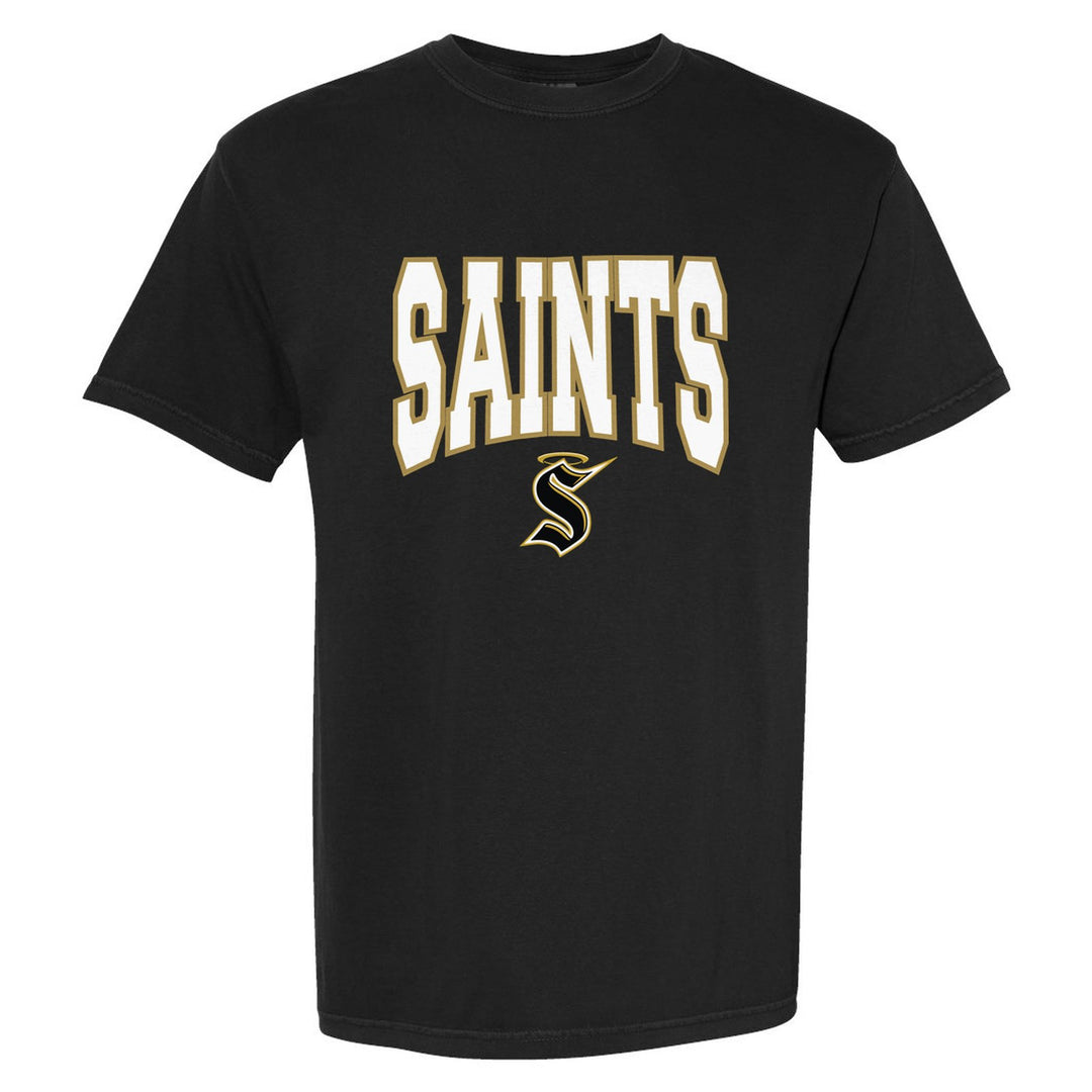 Berks Catholic Saints Varsity Block comfort colors t-shirt in Black: big outlined varsity SAINTS lettering over the halo S