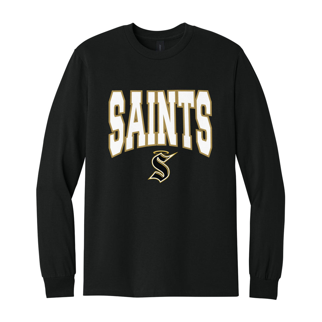 Berks Catholic Saints Varsity Block long sleeve t-shirt in Black: big outlined varsity SAINTS lettering over the halo S