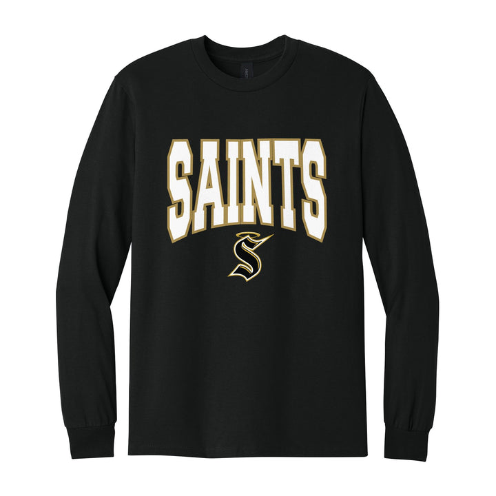Berks Catholic Saints Varsity Block long sleeve t-shirt in Black: big outlined varsity SAINTS lettering over the halo S