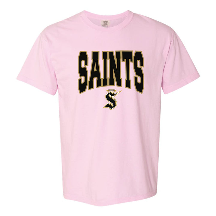 Berks Catholic Saints Varsity Block comfort colors t-shirt in Blossom: big outlined varsity SAINTS lettering over the halo S