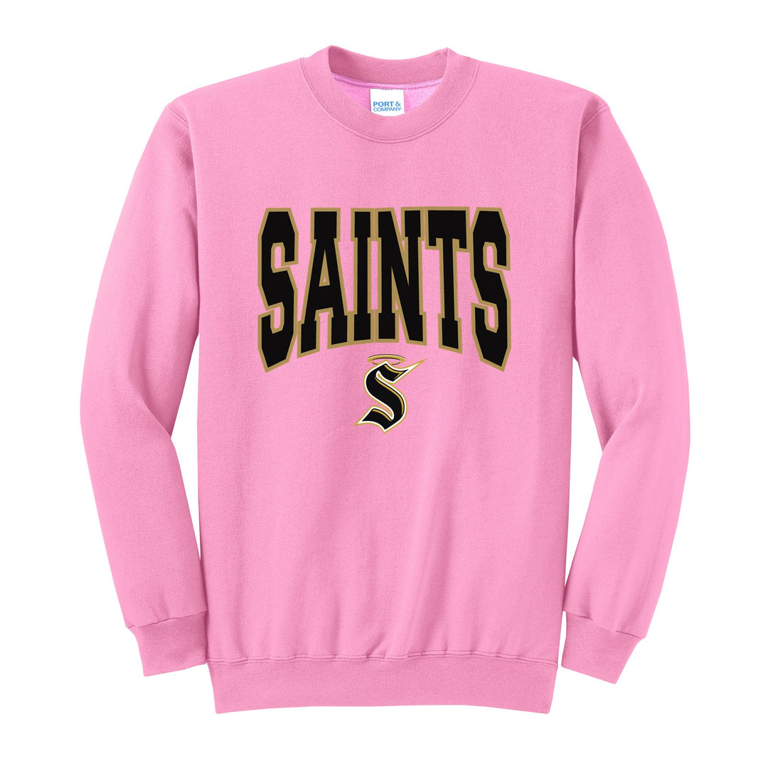 Berks Catholic Saints Varsity Block crewneck sweatshirt in Candy Pink: big outlined varsity SAINTS lettering over the halo S