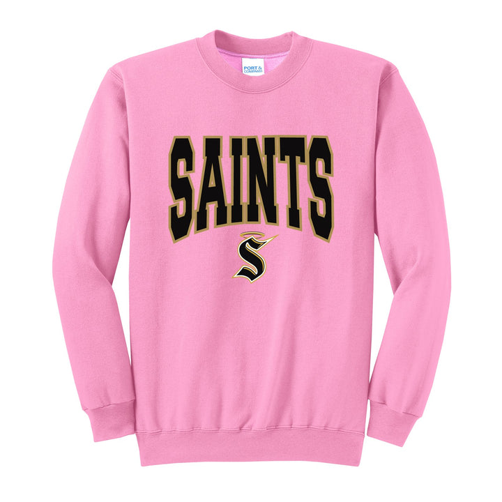 Berks Catholic Saints Varsity Block crewneck sweatshirt in Candy Pink: big outlined varsity SAINTS lettering over the halo S