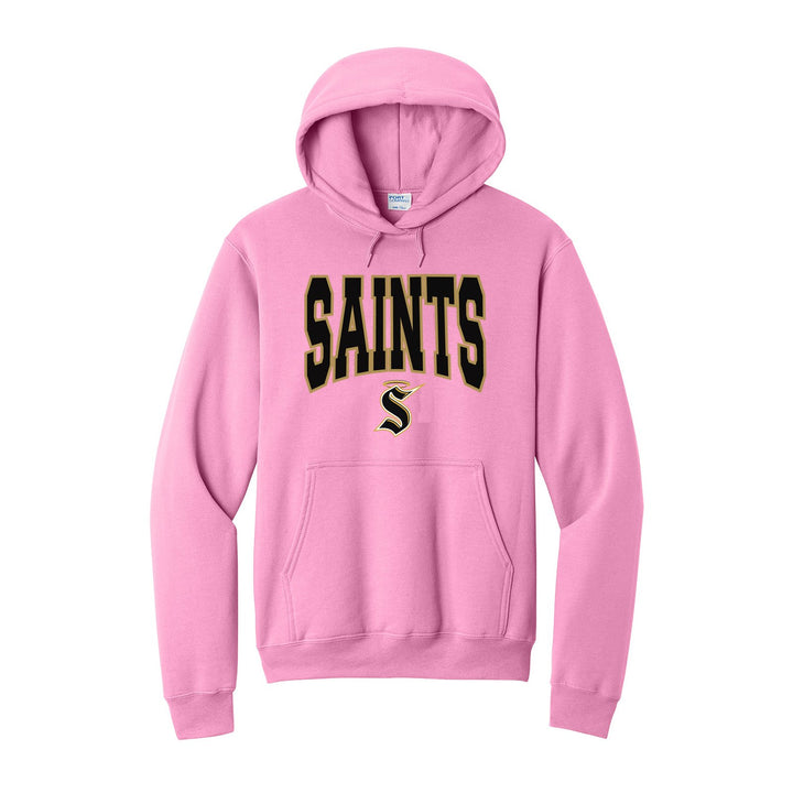 Berks Catholic Saints Varsity Block hoodie in Candy Pink: big outlined varsity SAINTS lettering over the halo S