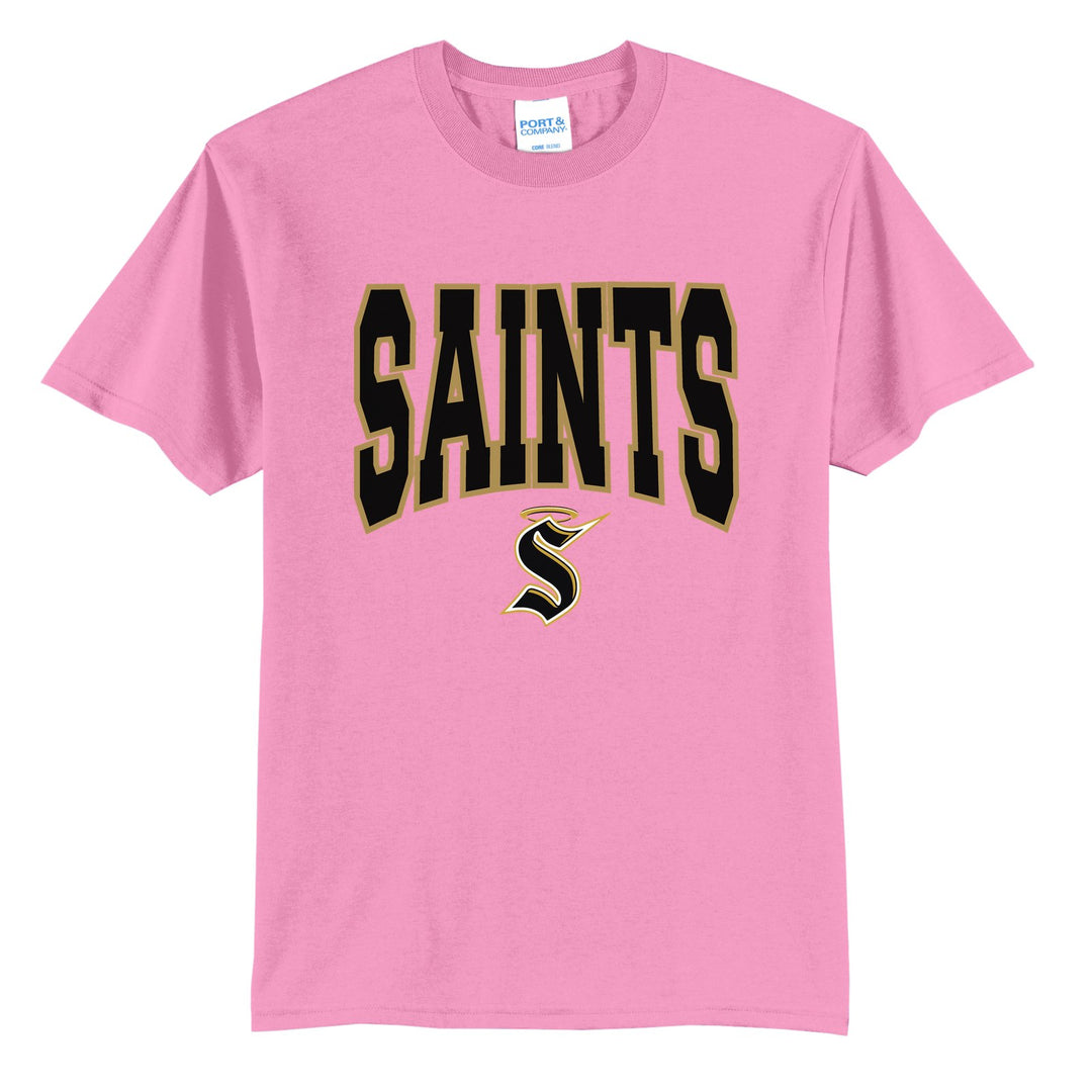 Berks Catholic Saints Varsity Block t-shirt in Candy Pink: big outlined varsity SAINTS lettering over the halo S