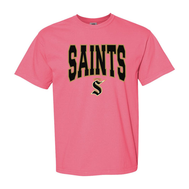 Berks Catholic Saints Varsity Block comfort colors t-shirt in Crunchberry: big outlined varsity SAINTS lettering over the halo S