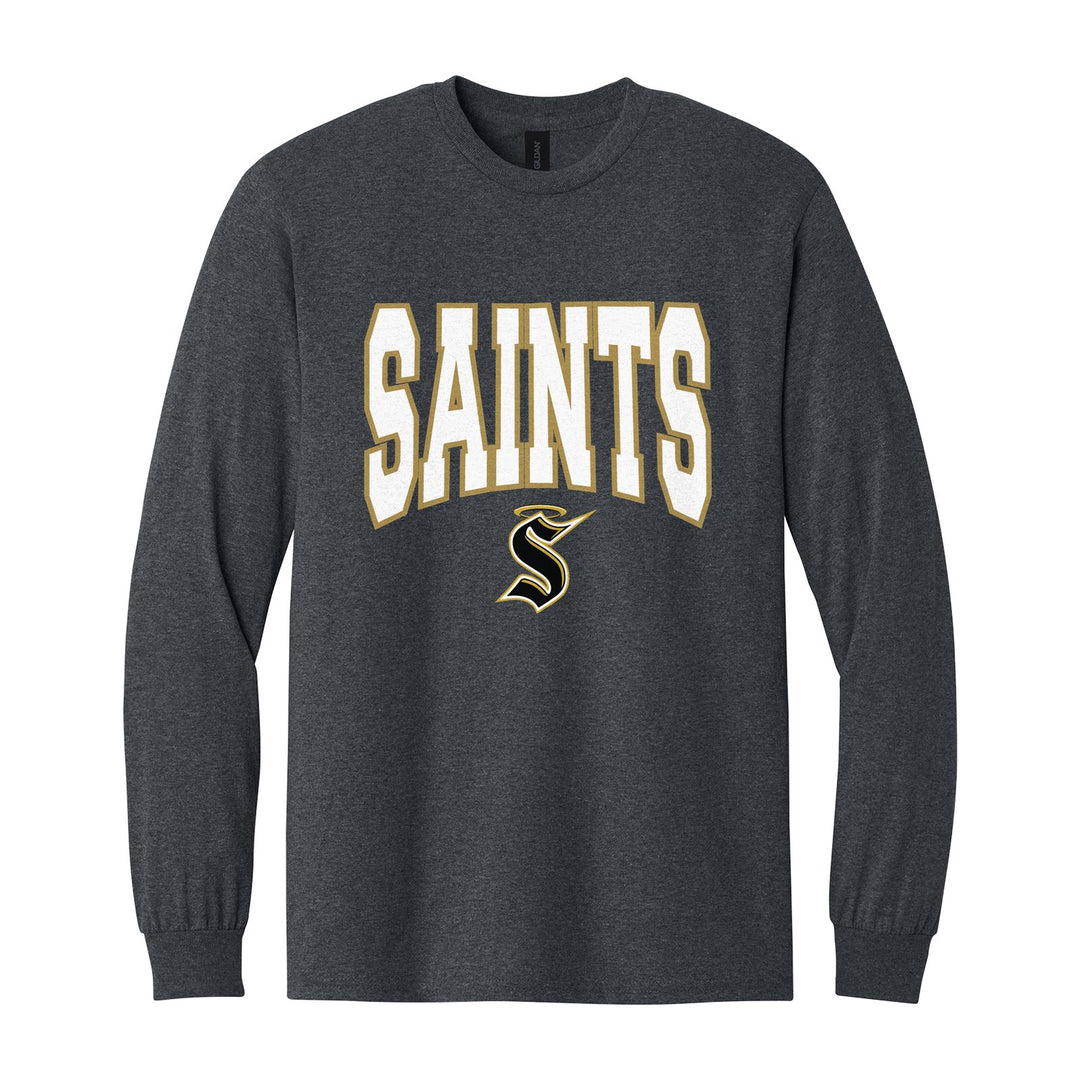 Berks Catholic Saints Varsity Block long sleeve t-shirt in Dark Heather: big outlined varsity SAINTS lettering over the halo S