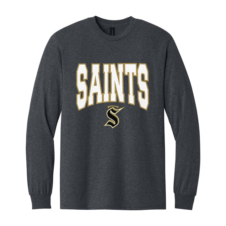 Berks Catholic Saints Varsity Block long sleeve t-shirt in Dark Heather: big outlined varsity SAINTS lettering over the halo S