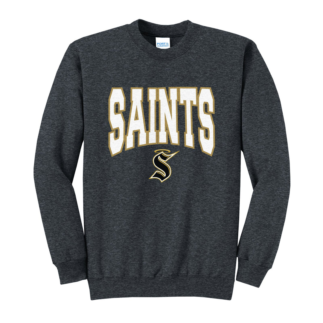 Berks Catholic Saints Varsity Block crewneck sweatshirt in Dark Heather Grey: big outlined varsity SAINTS lettering over the halo S