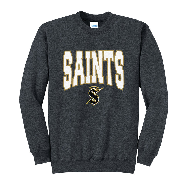 Berks Catholic Saints Varsity Block crewneck sweatshirt in Dark Heather Grey: big outlined varsity SAINTS lettering over the halo S