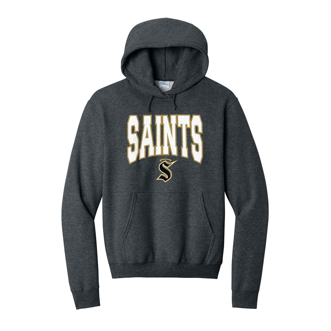 Berks Catholic Saints Varsity Block hoodie in Dark Heather Grey: big outlined varsity SAINTS lettering over the halo S
