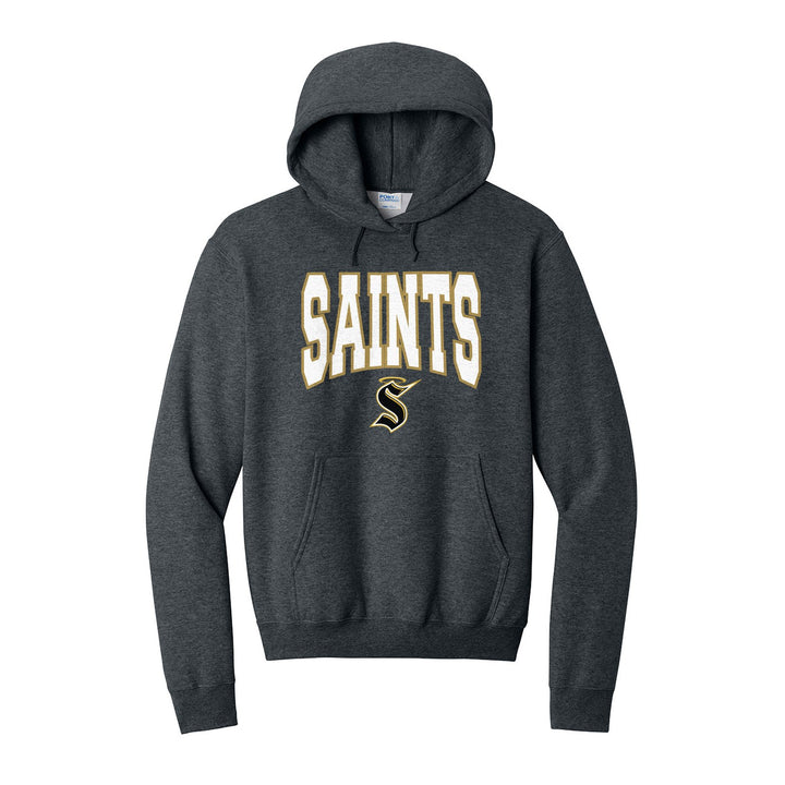 Berks Catholic Saints Varsity Block hoodie in Dark Heather Grey: big outlined varsity SAINTS lettering over the halo S