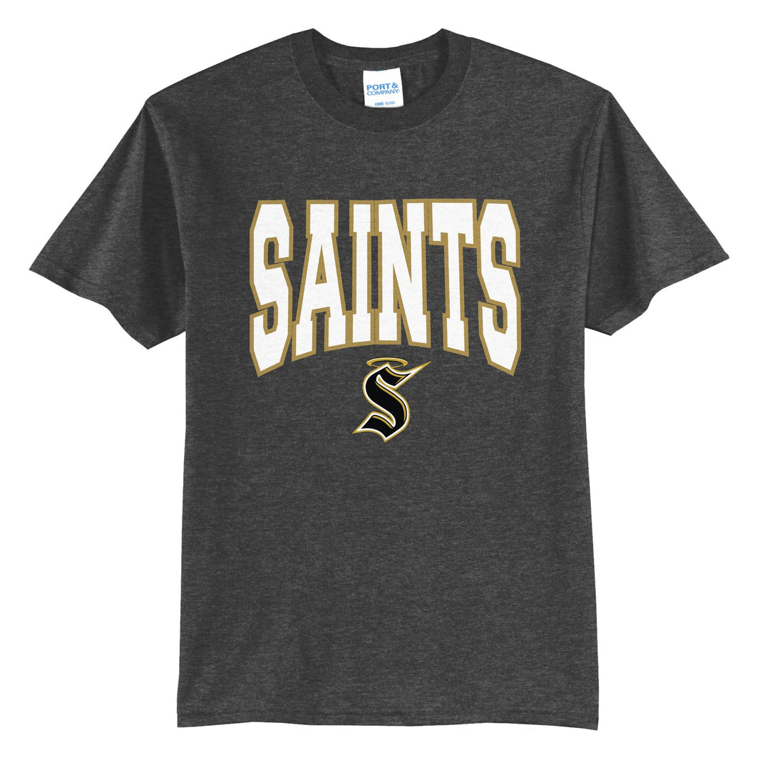 Berks Catholic Saints Varsity Block t-shirt in Dark Heather Grey: big outlined varsity SAINTS lettering over the halo S