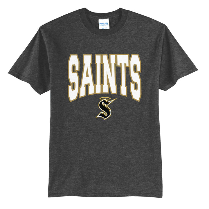 Berks Catholic Saints Varsity Block t-shirt in Dark Heather Grey: big outlined varsity SAINTS lettering over the halo S