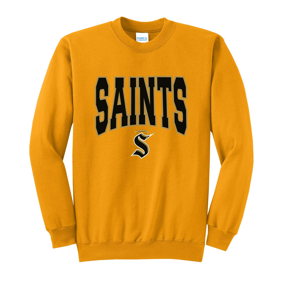 Berks Catholic Saints Varsity Block crewneck sweatshirt in Gold: big outlined varsity SAINTS lettering over the halo S