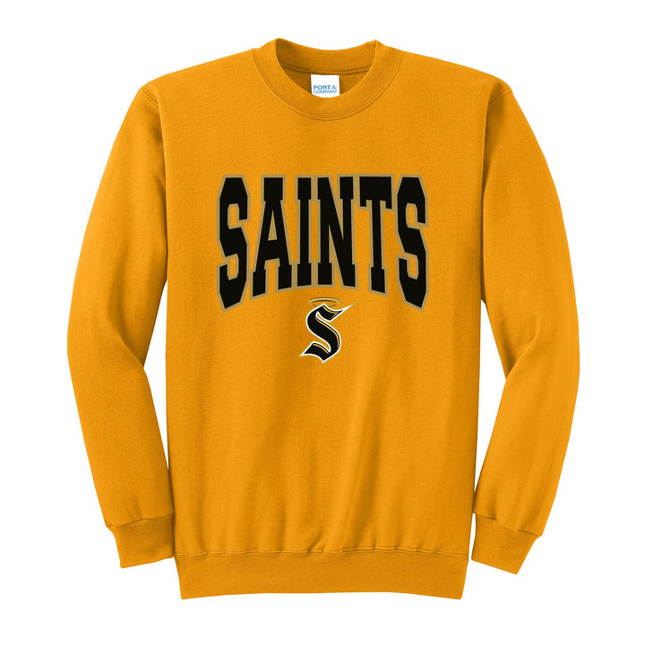 Berks Catholic Saints Varsity Block crewneck sweatshirt in Gold: big outlined varsity SAINTS lettering over the halo S