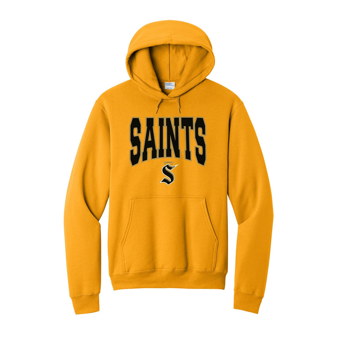 Berks Catholic Saints Varsity Block hoodie in Gold: big outlined varsity SAINTS lettering over the halo S