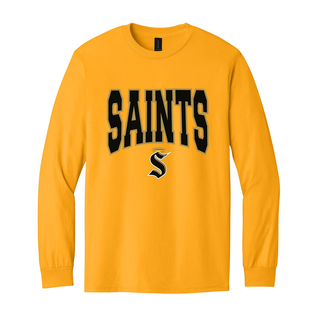 Berks Catholic Saints Varsity Block long sleeve t-shirt in Gold: big outlined varsity SAINTS lettering over the halo S