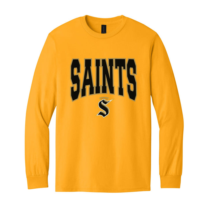 Berks Catholic Saints Varsity Block long sleeve t-shirt in Gold: big outlined varsity SAINTS lettering over the halo S