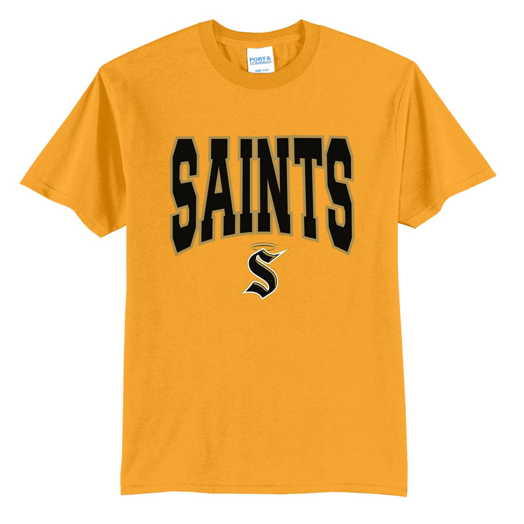 Berks Catholic Saints Varsity Block t-shirt in Gold: big outlined varsity SAINTS lettering over the halo S