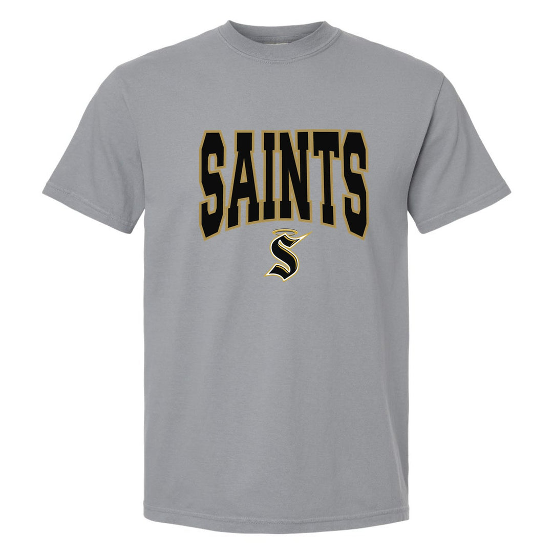 Berks Catholic Saints Varsity Block comfort colors t-shirt in Granite: big outlined varsity SAINTS lettering over the halo S