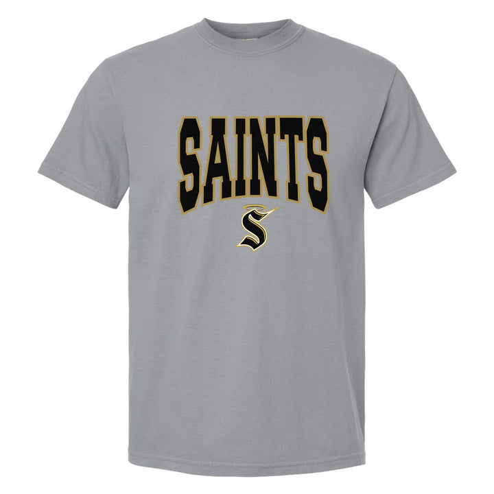 Berks Catholic Saints Varsity Block comfort colors t-shirt in Granite: big outlined varsity SAINTS lettering over the halo S