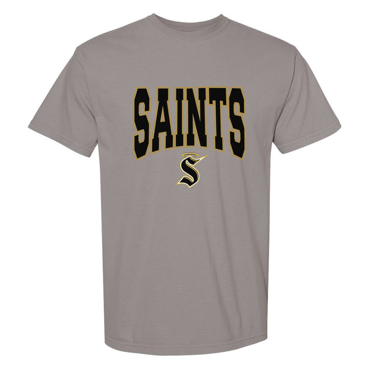 Berks Catholic Saints Varsity Block comfort colors t-shirt in Grey: big outlined varsity SAINTS lettering over the halo S