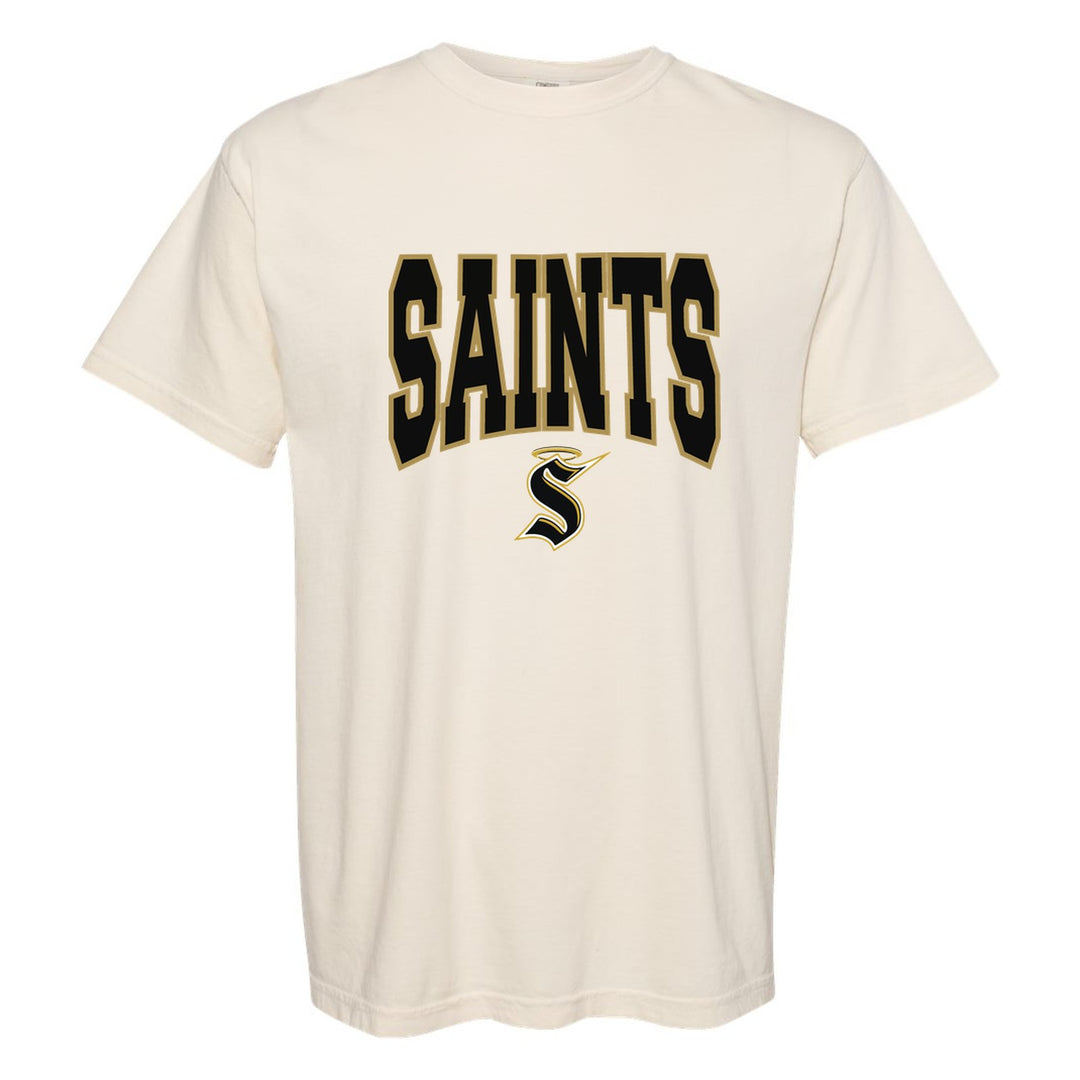 Berks Catholic Saints Varsity Block comfort colors t-shirt in Ivory: big outlined varsity SAINTS lettering over the halo S