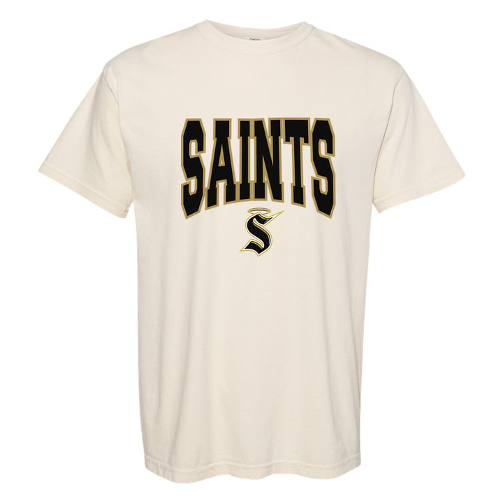 Berks Catholic Saints Varsity Block comfort colors t-shirt in Ivory: big outlined varsity SAINTS lettering over the halo S