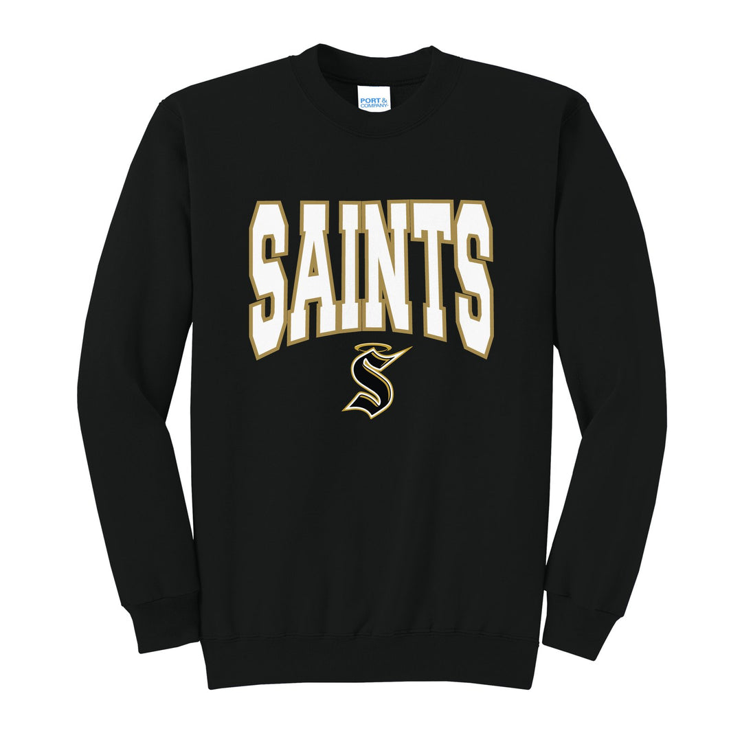 Berks Catholic Saints Varsity Block crewneck sweatshirt in Jet Black: big outlined varsity SAINTS lettering over the halo S