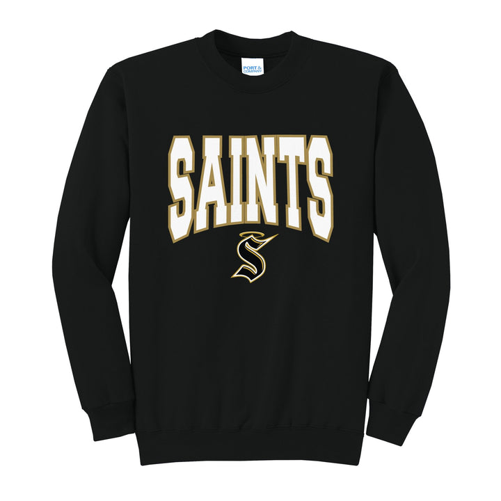 Berks Catholic Saints Varsity Block crewneck sweatshirt in Jet Black: big outlined varsity SAINTS lettering over the halo S