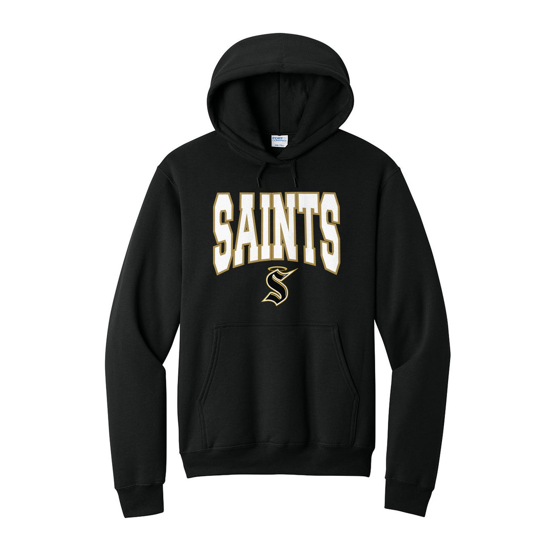 Berks Catholic Saints Varsity Block hoodie in Jet Black: big outlined varsity SAINTS lettering over the halo S