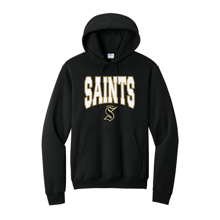 Berks Catholic Saints Varsity Block hoodie in Jet Black: big outlined varsity SAINTS lettering over the halo S