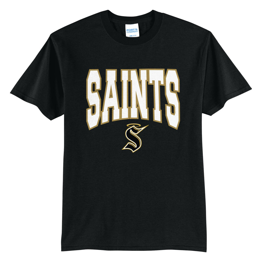 Berks Catholic Saints Varsity Block t-shirt in Jet Black: big outlined varsity SAINTS lettering over the halo S