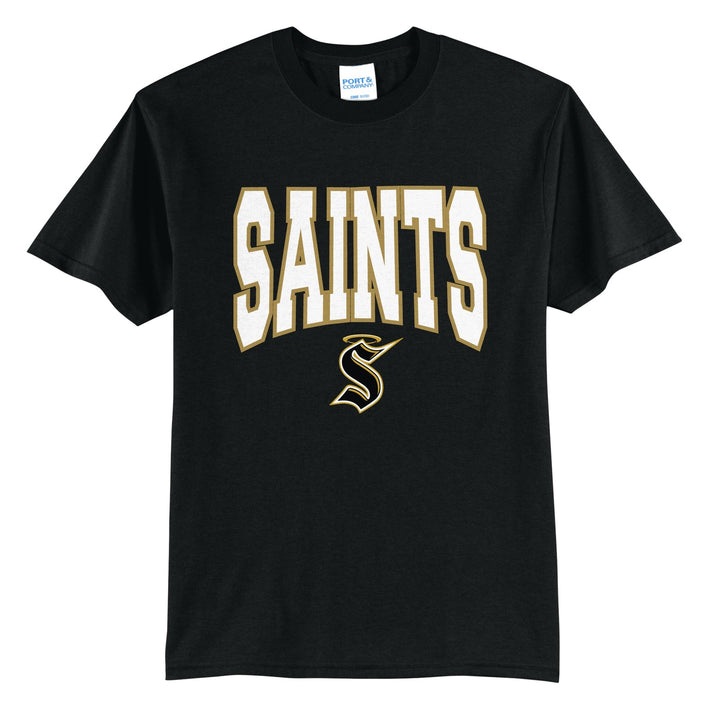 Berks Catholic Saints Varsity Block t-shirt in Jet Black: big outlined varsity SAINTS lettering over the halo S