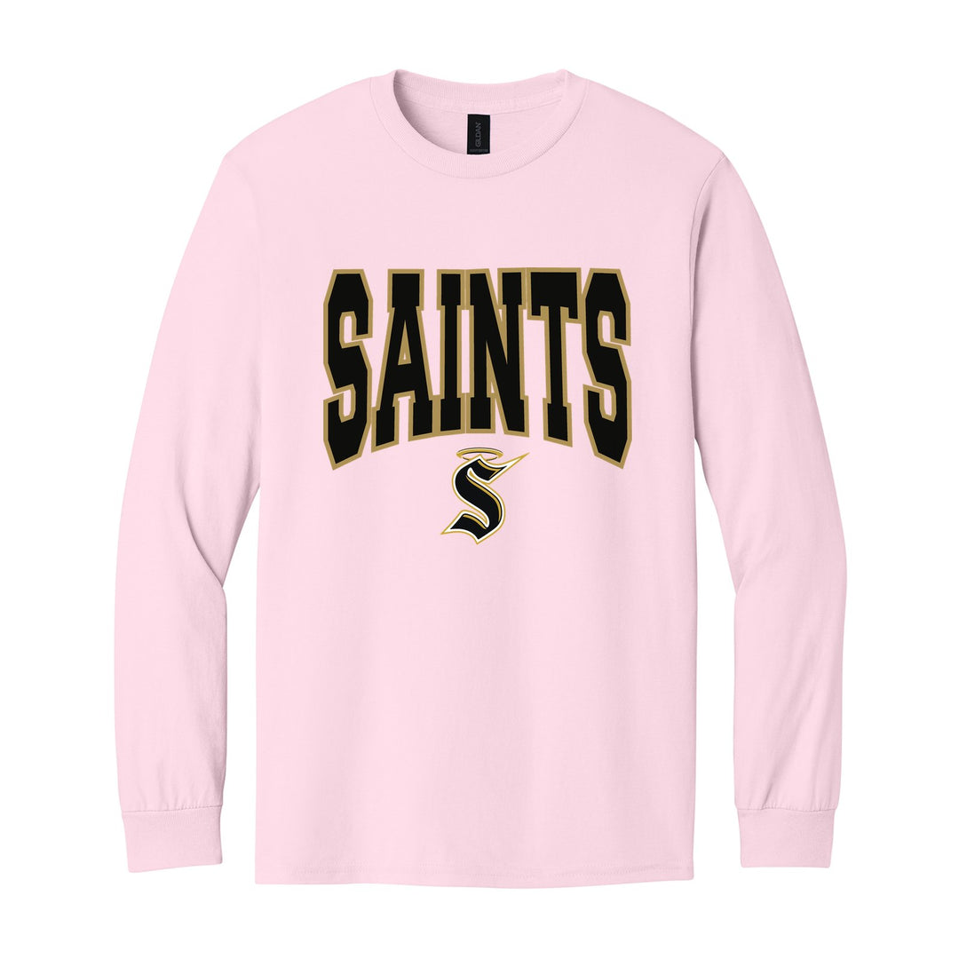 Berks Catholic Saints Varsity Block long sleeve t-shirt in Light Pink: big outlined varsity SAINTS lettering over the halo S