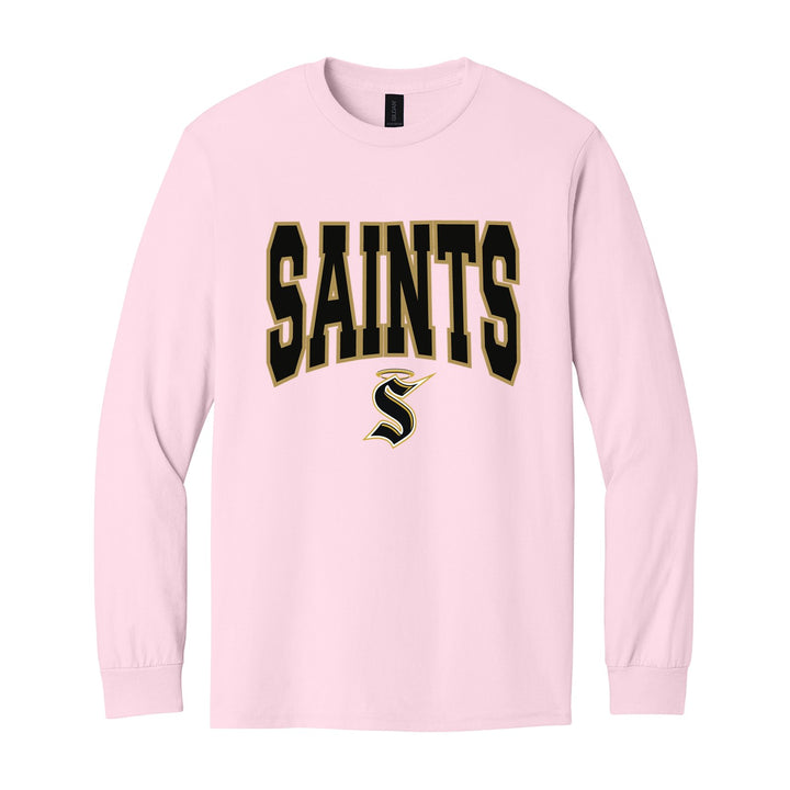 Berks Catholic Saints Varsity Block long sleeve t-shirt in Light Pink: big outlined varsity SAINTS lettering over the halo S