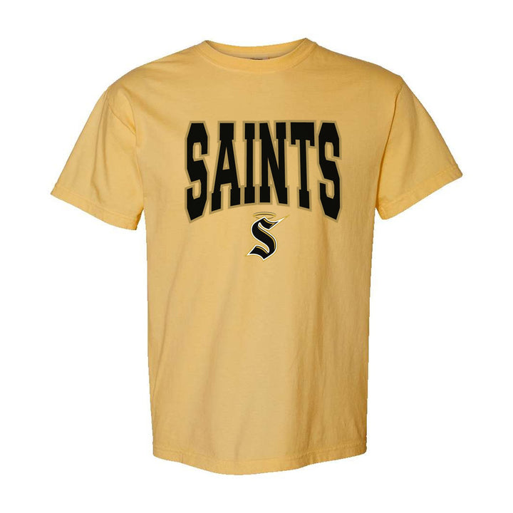 Berks Catholic Saints Varsity Block comfort colors t-shirt in Mustard: big outlined varsity SAINTS lettering over the halo S
