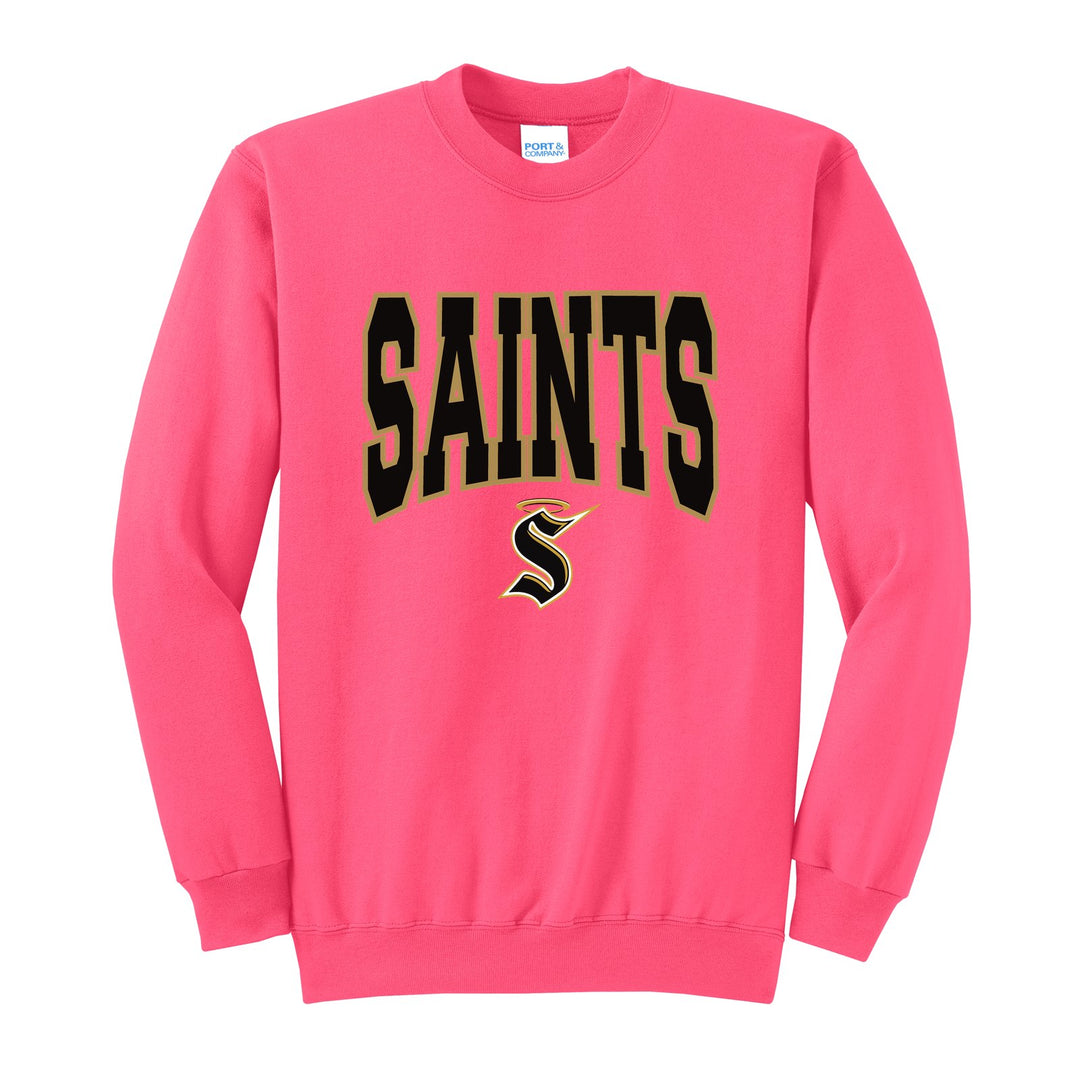 Berks Catholic Saints Varsity Block crewneck sweatshirt in Neon Pink: big outlined varsity SAINTS lettering over the halo S