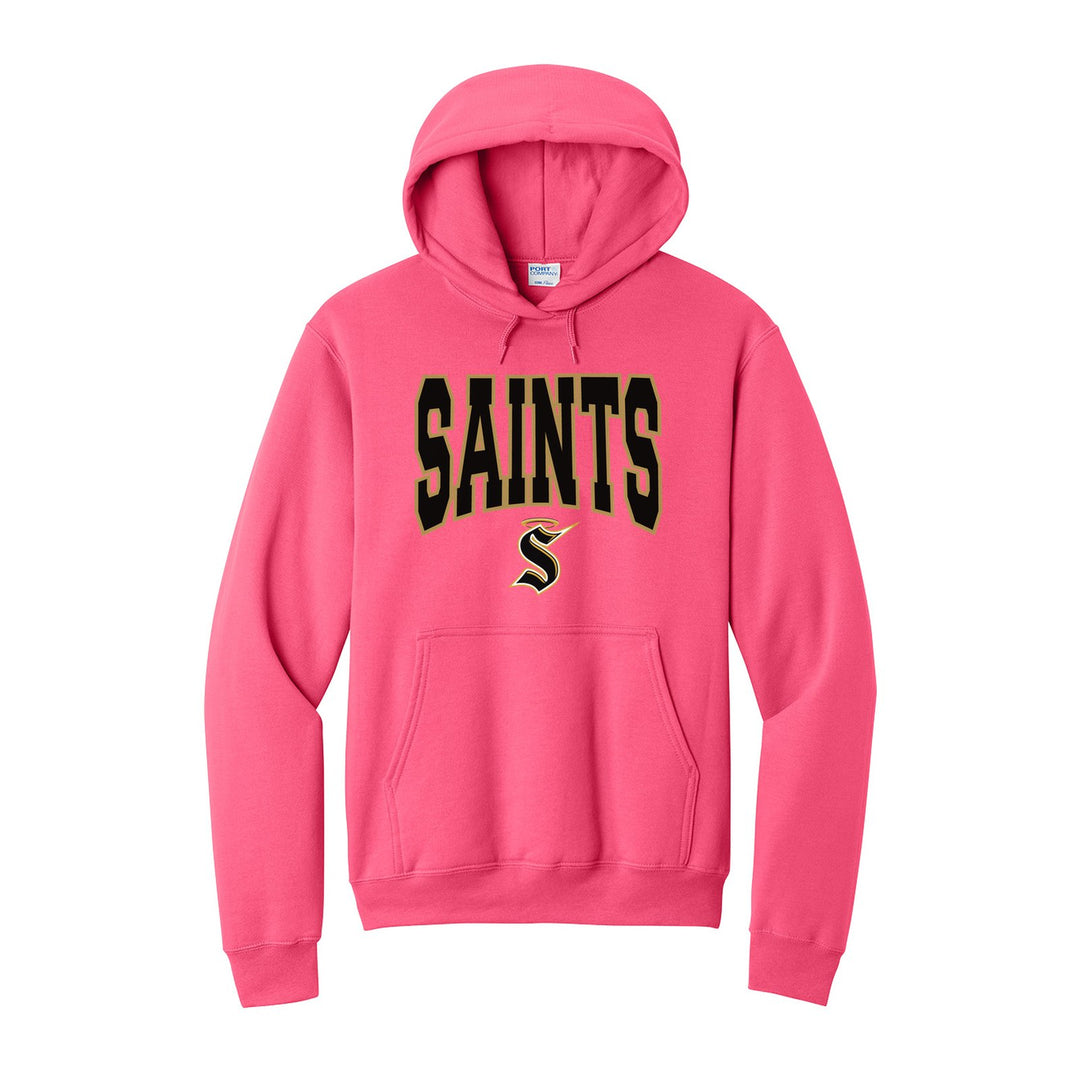 Berks Catholic Saints Varsity Block hoodie in Neon Pink: big outlined varsity SAINTS lettering over the halo S