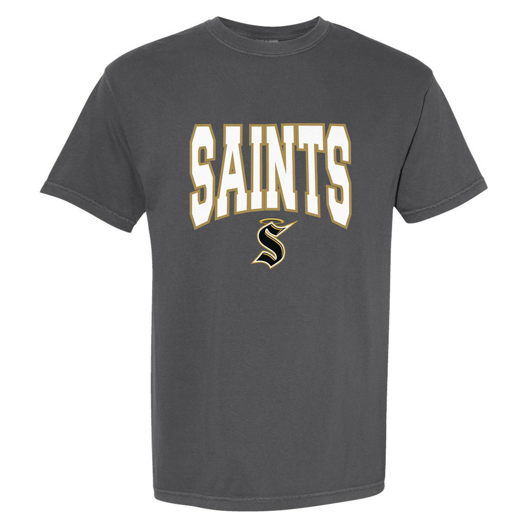 Berks Catholic Saints Varsity Block comfort colors t-shirt in Pepper: big outlined varsity SAINTS lettering over the halo S