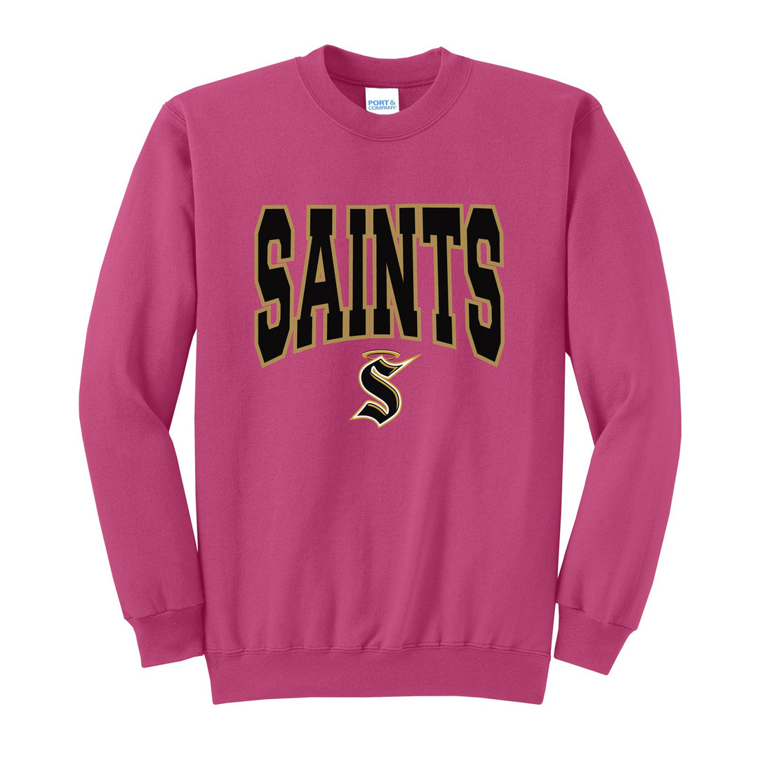 Berks Catholic Saints Varsity Block crewneck sweatshirt in Sangria: big outlined varsity SAINTS lettering over the halo S
