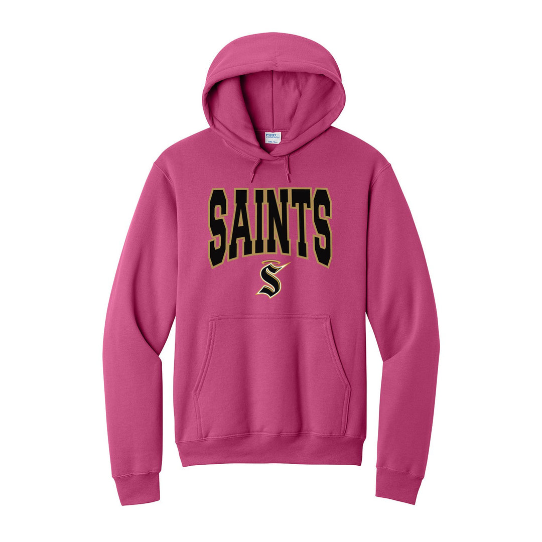 Berks Catholic Saints Varsity Block hoodie in Sangria: big outlined varsity SAINTS lettering over the halo S
