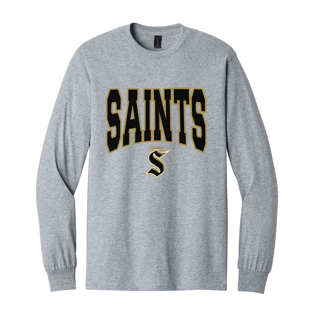 Berks Catholic Saints Varsity Block long sleeve t-shirt in Sport Grey: big outlined varsity SAINTS lettering over the halo S