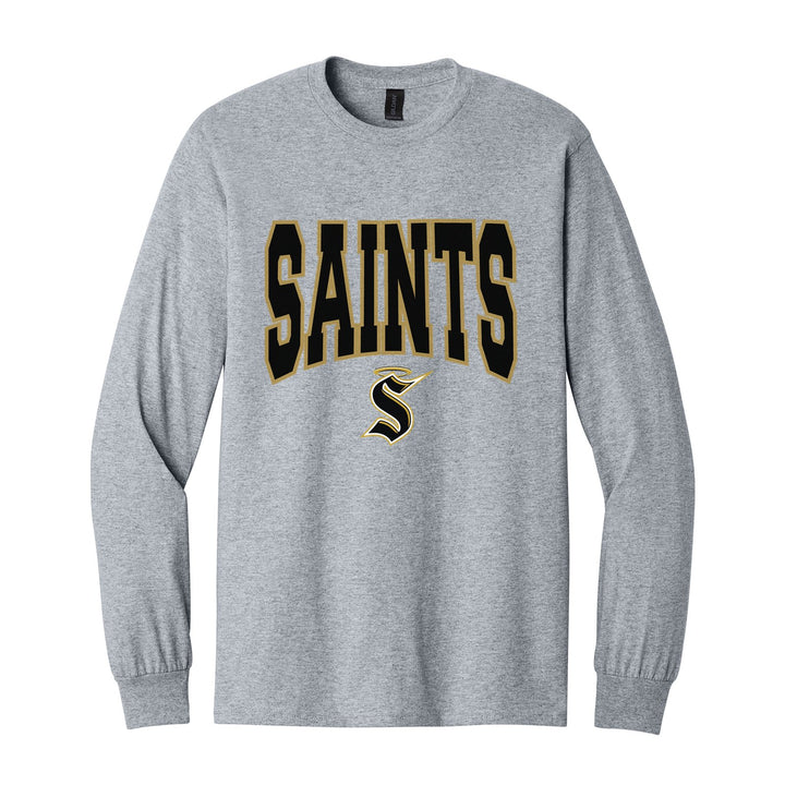 Berks Catholic Saints Varsity Block long sleeve t-shirt in Sport Grey: big outlined varsity SAINTS lettering over the halo S