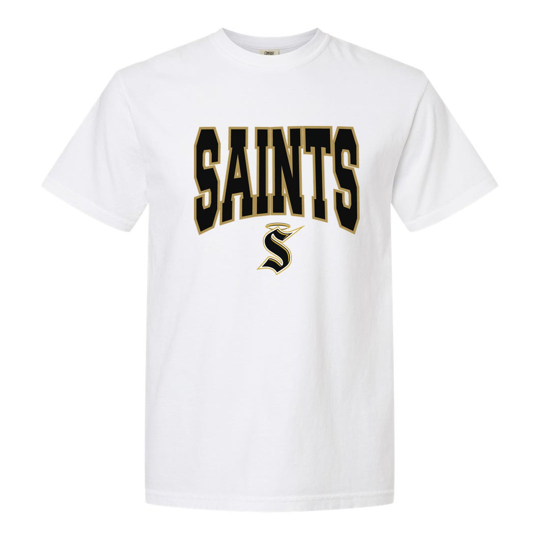 Berks Catholic Saints Varsity Block comfort colors t-shirt in White: big outlined varsity SAINTS lettering over the halo S