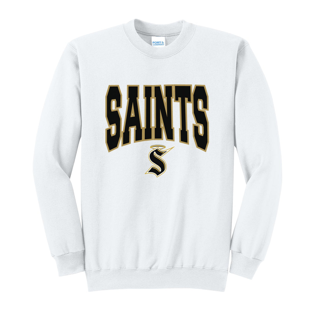 Berks Catholic Saints Varsity Block crewneck sweatshirt in White: big outlined varsity SAINTS lettering over the halo S