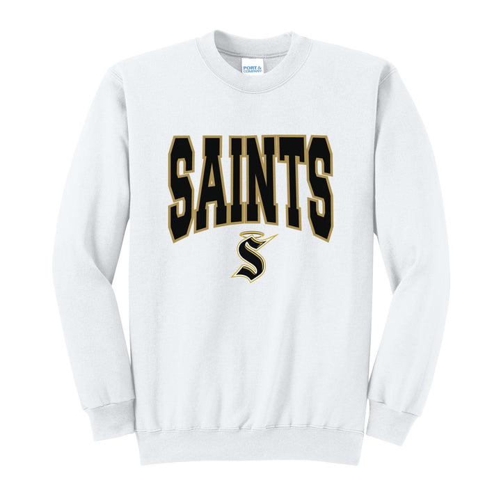 Berks Catholic Saints Varsity Block crewneck sweatshirt in White: big outlined varsity SAINTS lettering over the halo S