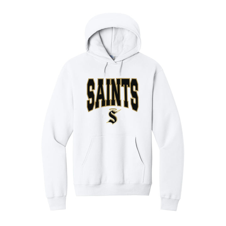 Berks Catholic Saints Varsity Block hoodie in White: big outlined varsity SAINTS lettering over the halo S