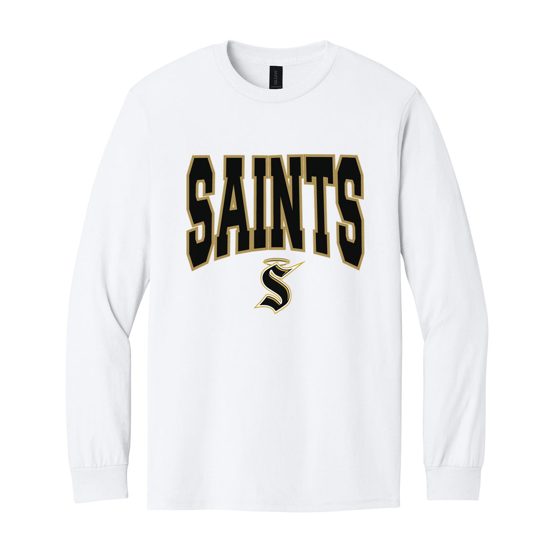 Berks Catholic Saints Varsity Block long sleeve t-shirt in White: big outlined varsity SAINTS lettering over the halo S